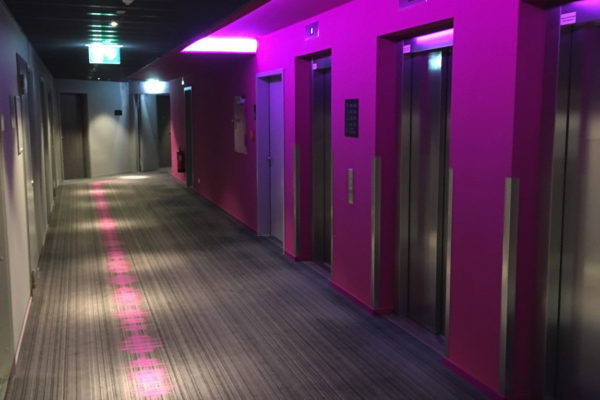 Dansk Wilton delivered custom design Colortec carpets for rooms and corridors for Moxy Hotels