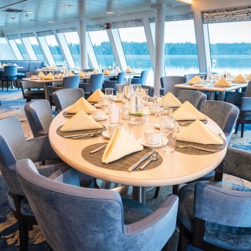 Dining room aboard National Geographic Quest inagural voyage in Alaska. July 2017