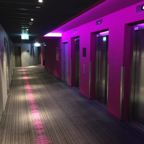 Check out the Moxy Munich Corridor - carpets from Dansk Wilton