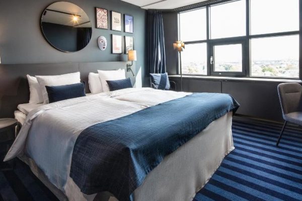 Dansk Wilton -Scandic Falkoner - Room Design - Colortec Carpet - Graphic Design With Blue Stripes